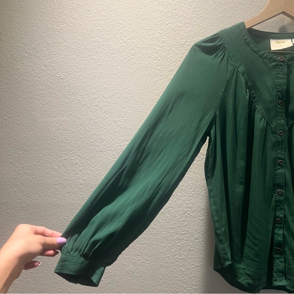 Maeve by Anthropologie Avignon Dark Green Pleated Button Front Stripe Blouse S - Picture 5 of 9
